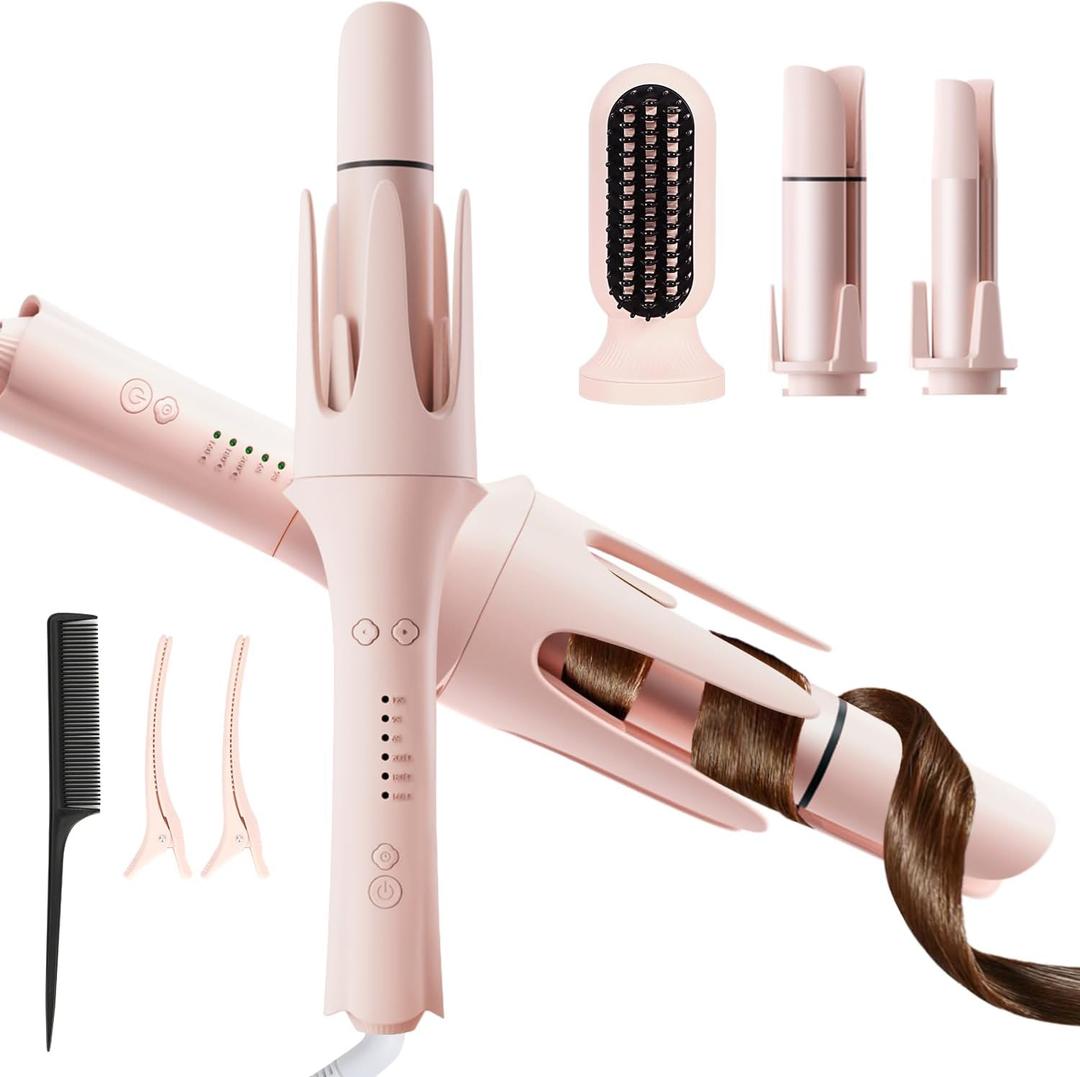 CHIKYO 3 in 1 Multifunctional Hot Tool, Automatic Curling Irons with 2 Ceramic Barrel(1", 1.25") & Hair Straightener Brush, Hair Curler & Straightening Comb with 3 Temp & Timer & Negative Lons (Pink)