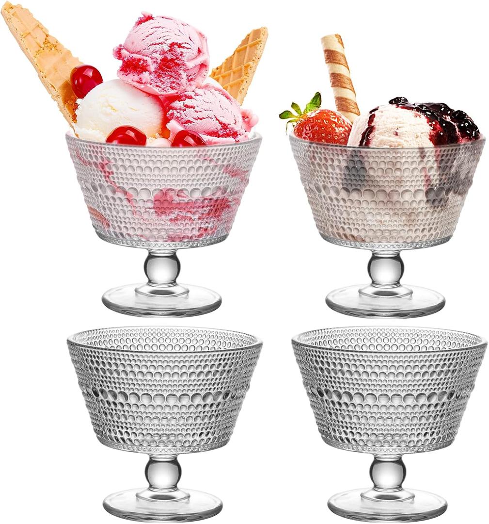 4PCS Glass Dessert Bowls, 9 oz Crystal Glass Ice Cream Bowls Cups - Perfect for Dessert, Sundae, Ice Cream, Fruit, Salad, Snack, Cocktail, Condiment, Trifle (4)