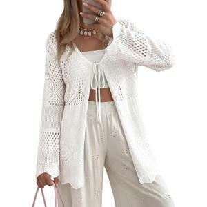 SHEWIN Crochet Cardigans for Women Long Sleeve Tie Front Bow Cardigan Sweaters Hollow Out Knit Summer Beach Vacation Coverups, Size: L