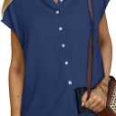 Womens Work Blouses Cap Sleeve Button Down Tops V Neck Collared Casual Business Plain Basic Summer Shirts (Large, Blue)