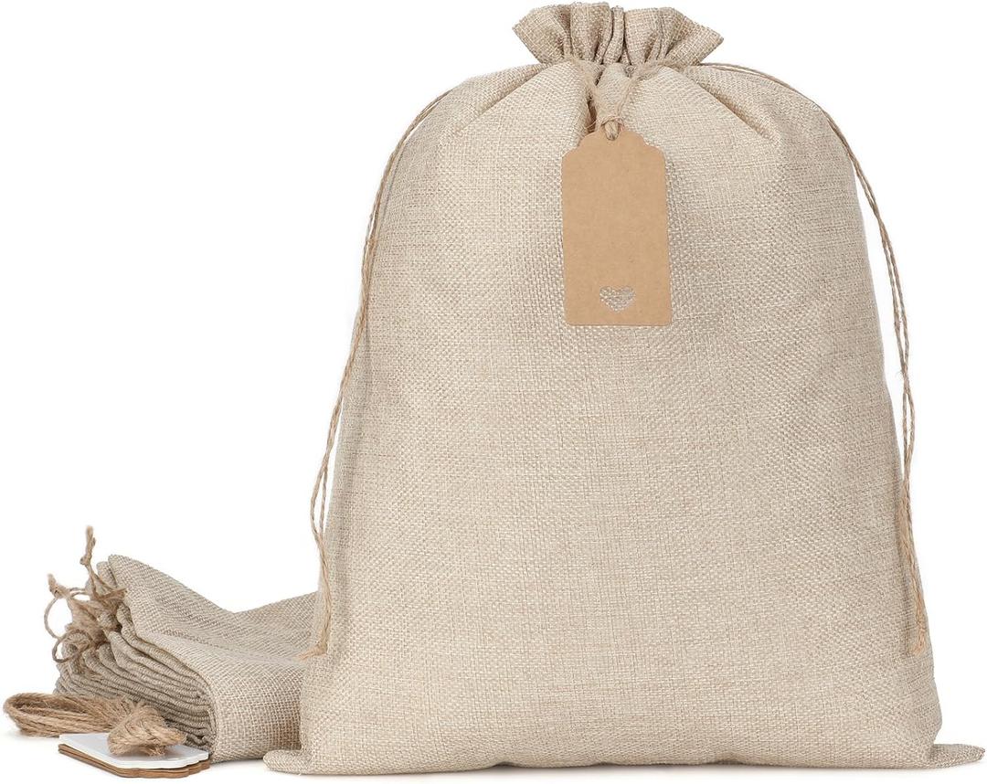 Tapleap Burlap Gift Bags with Drawstring - 10Pcs 12x16 Original Sacks with String and Tags for Wrapping Halloween Favors, Breads, Wine, For Birthday, Wedding or Household Use