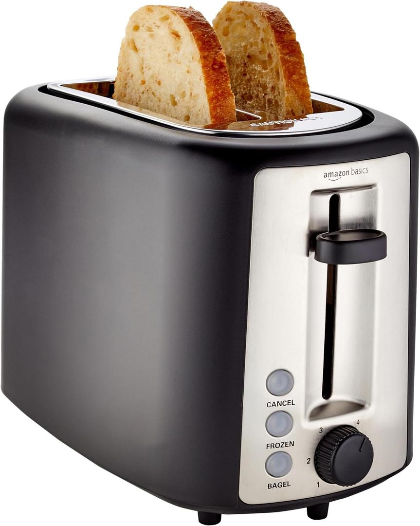 Amazon Basics 2 Slice Toaster, Extra Wide Slots for Bagels, 6 Browning Settings, Removable Crumb Tray, Defrost/Cancel/Bagel Buttons, Cord Wrap, 900W, Black & Silver