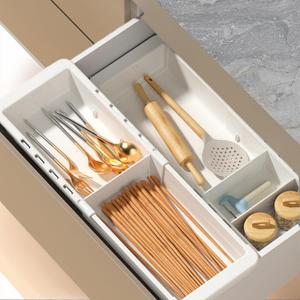 Deep Drawer Organizer, Expandable Storage Trays with Adjustable Dividers, Collapsible & Stackable for Kitchen, Bathroom, Office, Makeup - 2 Pack, White