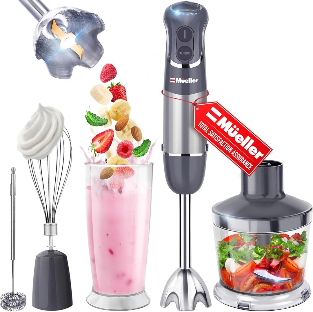 Mueller Multistick 5-in-1 Immersion Blender Handheld, 12 Speed Hand Mixer - Turbo Boost, Heaviest Duty Copper Motor, Titanium Blades Hand Blender, Milk Frother Wand, Whisk, Beaker, Chopper, Grey (Gray)
