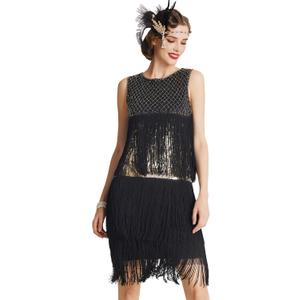 BABEYOND 1920s Flapper Dress Long Fringed Gatsby Roaring 20s Sequins Beaded Vintage Art Deco (3X-Large, Black Gold)