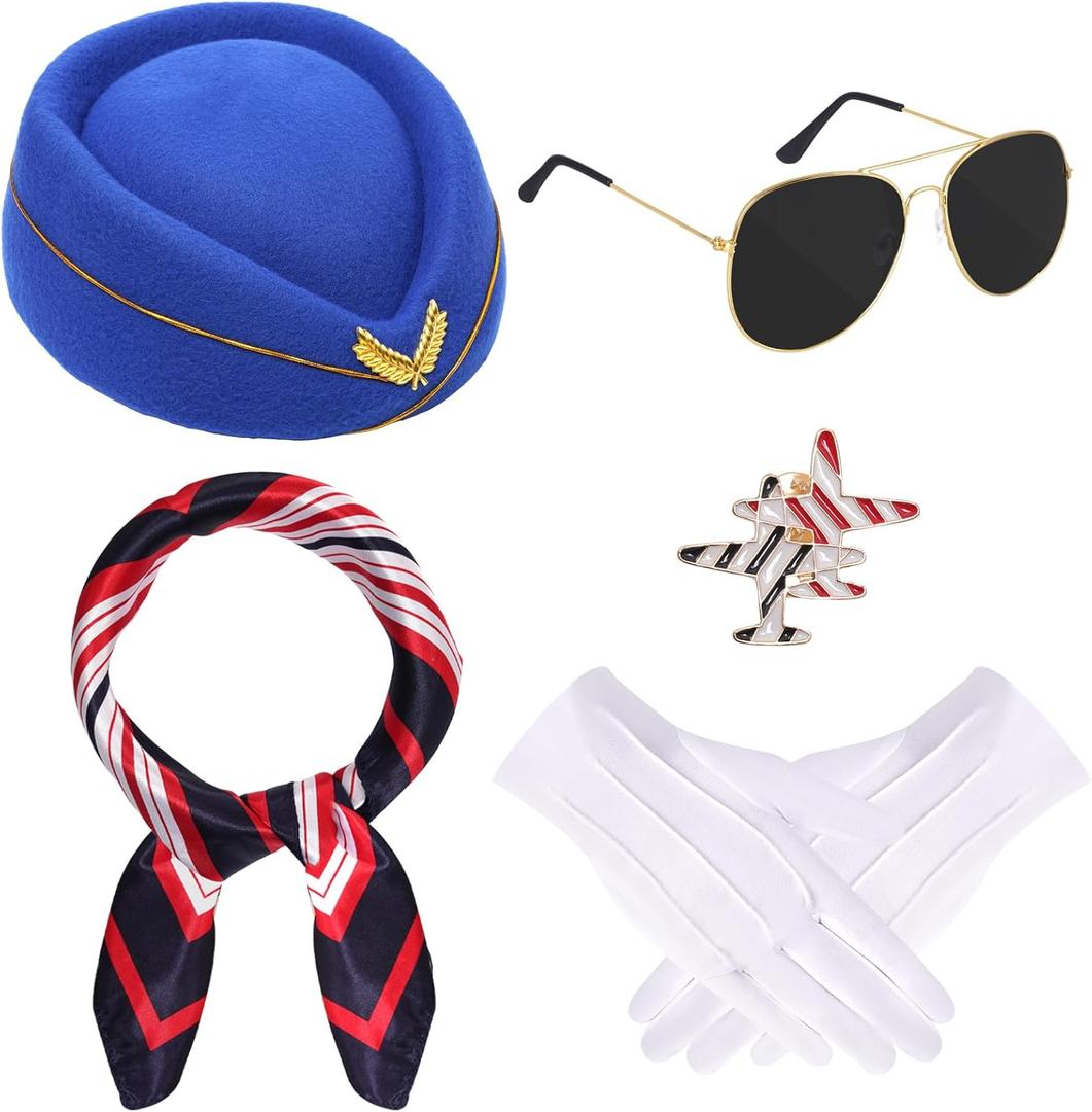 baotongle 6pcs Halloween Women Flight Attendant Costume Accessories Stewardess Outfits Hat Scarf Sunglasses Gloves (Blue)