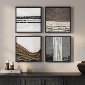 Framed Abstract Neutral Wall Art for Living Room, 4 Piece Black and White Modern Artwork for Walls, Minimalist Earth Tone Square Wall Decor Canvas Prints for Bedroom Office, 12x12 Inch