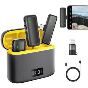 Wireless lavalier Microphone for iPhone Android with Lightning/USB-C/Charging Case, Noise Cancel 130ft 24H of 2 Pcs mini Clip on Lapel Microphone Wireless for Recording/Streaming/Interview