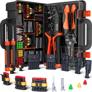 SOMELINE Crimping Tool Kit, Waterproof Automotive Electrical Connectors (1/2/3/4/5 Pin), 2214 AWG Ratchet Crimper & Terminal Removal Tools for Car/Motorcycle/Boat