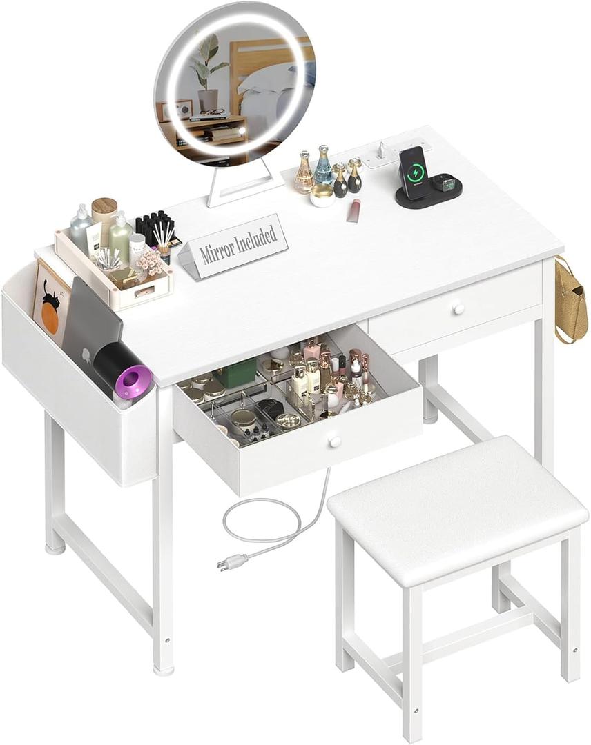 Makeup Vanity Desk with Mirror and Lights - Girls White Vanity Table Set with Chair, Fabric Drawers, Power Outlet, Small Modern Make Up Dressing Table for Bedroom (31.5")
