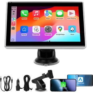 7" Portable Wireless CarPlay Screen for Car Apple CarPlay & Android Auto, HD Touch Screen Car Stereo, Bluetooth, GPS Navigation, Voice Control, Plug-and-Play with FM/AUX/Mirror Link (Silver)