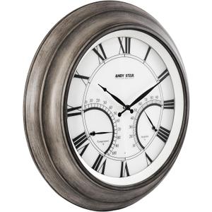 ANDY STAR 24 Inch Outdoor Clocks Waterproof,Large Outdoor Wall Clocks for Garden Patio Pool, Modern Lighted Metal Clock Battery Operated with Thermometer&Hygrometer, Gray Oak Wooden Non Ticking