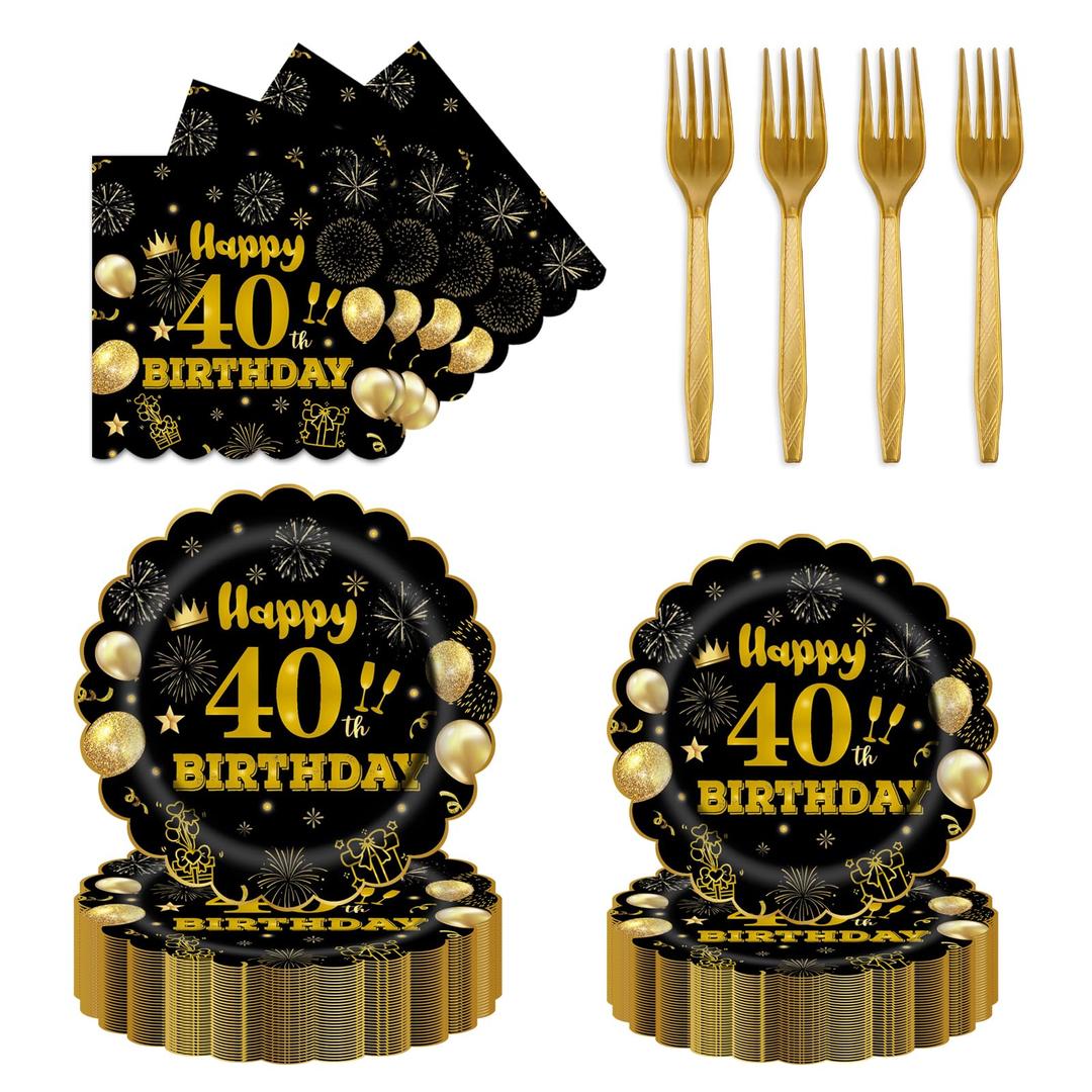 EVYIENEN 96Pcs 40th Birthday Party Tableware Set,Back in 1965 Birthday Party Decorations Supplies, Disposable Black and Gold 40th Birthdays Paper Plates Napkins Forks Favors for Men Women, Serve 24