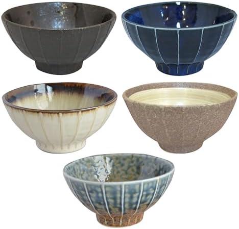 Set of 5 Japanese Ceramic Striped Ichichin Rice Bowls, Deep Soup & Eating Bowls with Distinctive Three-Dimensional Lines, Convenient, Stackable, for Cooking Prep & Serving (Black)