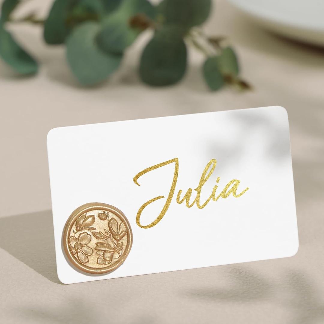 UNIQOOO 24Pcs Magnolia Wax Seal Place Card Holders, Light Gold Name Card Holders for Wedding Engagement Decor, Tea Party Table Setting, Name Tag, Party Food Labels