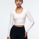 ENERBLOOM Womens Long Sleeve Shirts Workout Crop Tops Yoga Tee Built in Bra Mild Support Cream Feeling Athletic Top U-Neck Milk White X-Large