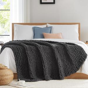L'AGRATY Chunky Knit Blanket Throw: 60''x80'' Chenille Chunky Knitted Throw Blankets for Twin Bed Couch - Handmade Thick Cable Knit Blanket - Large Crochet Rope Blankets for Home Decor(Dark Grey)