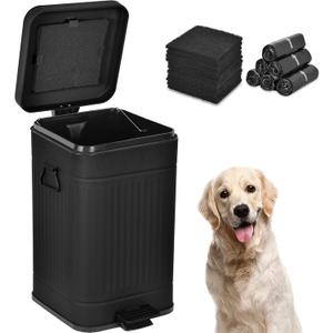 Dog Poop Trash Can with Lid for Outdoors3.2 Gallon Trash Can with Activated Carbon Filter & Plastic Bags, Pet Waste ContainerUP12L-BK-F+90BK (Rectangle-Black)