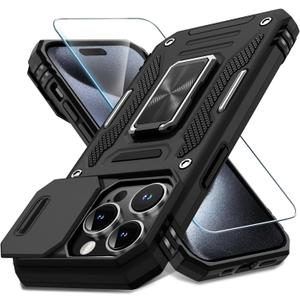 DEERLAMN Case for iPhone 15 Pro with Slide Camera Cover+Screen Protector (1 Pack), Rotated Ring Kickstand Military Grade Shockproof Protective Cover 6.1 Inch-Black