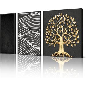 Framed Large Tree Wall Art for Living Room, Set of 3 Piece Black and White Gold Canvas Artwork for Walls, Modern Gold Tree Paintings, Extra Big Size Pictures Prints for Bedroom Hallway Home Office Wall Decor