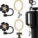 Straw Covers for Stanley Cup Accessories: Black Decorations for Stanley 30 oz & 40 oz Tumbler with Handle, Bling Letter Charms and Flower Silicone Straw Cap Topper, Trendy Stuff for Teen Girls & Women