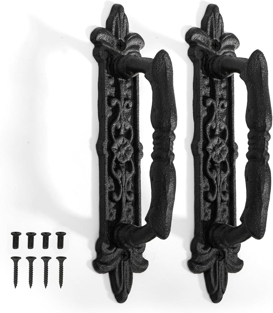 Peohud 2 Pack Heavy Duty Barn Door Handle, 9 Inches Cast Iron Rustic Gate Handle, Antique Black Carved Door Pull for Garages Sheds Closet Drawer Cabinet Fence Outdoor Farmhouse