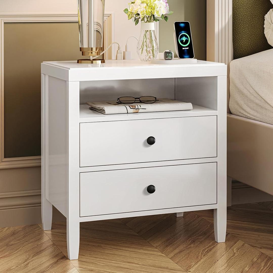 Huuger Nightstand with Charging Station, White Nightstand with 2 Drawers, Bed Side Table for Bedroom, Bedside Table with Storage, Modern Nightstands, Metal Knobs, Painted Surface