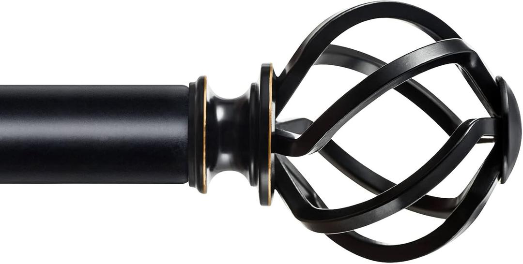 KAMANINA 1 Inch Curtain Rod Single Drapery Rod 36 to 72 Inches (3-6 Feet), Black Curtain Rods for Windows, Twisted Cage Finials