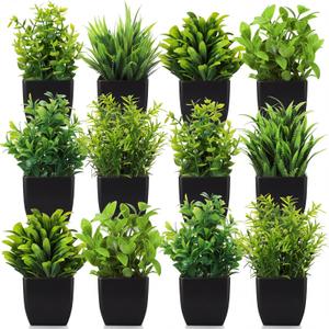 Unittype 12 Pcs Fake Plants Small Artificial Faux Plants for Shelf Mini Plastic Potted Greenery for Home Office Desk Bathroom Bedroom Indoor Decor (Black Pot,Green)