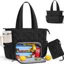 Puffer Lunch Tote Bag for Women, 15.6 Inch Laptop Work Bag with Insulated Lunch Compartment & Large Cup Holder, Lightweight Quilted Puffy Lunch Box Purse for Teacher Nurse Travel Office Daily School (Black)