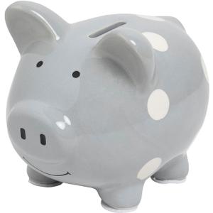 Kate & Milo Mini Ceramic Piggy Bank, Gender Neutral Nursery Dcor, Baby Girl and Baby Girl Keepsake Gift, Gray with White Polka Dots