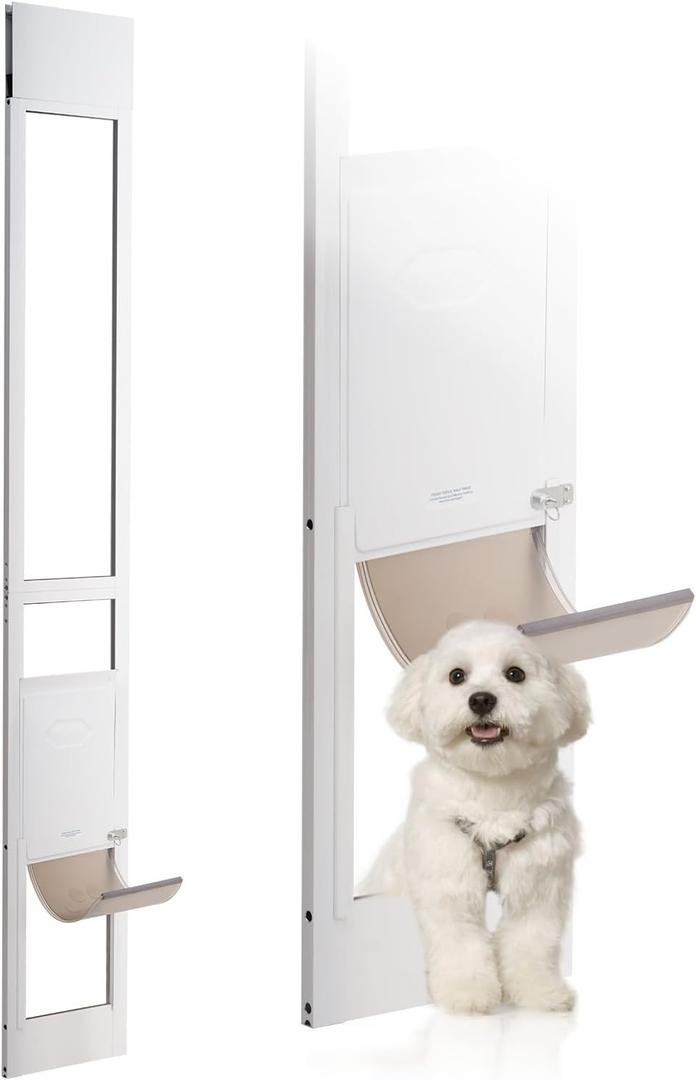 VEVOR Dog Door for Sliding Glass Door, 75 7/8"-80 11/16" Adjustable Height Doggy Door for Sliding Doors, Aluminum Frame Tempered Glass Pet Door with Hinge Structure Flap and Lock for Medium-Sized Dogs (White)