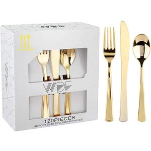 WDF 120 Pieces Gold Plastic Silverware - Disposable Flatware Set - Heavy Duty Plastic Cutlery - Silverware Includes 40 Forks, 40 Spoons, 40 Knives