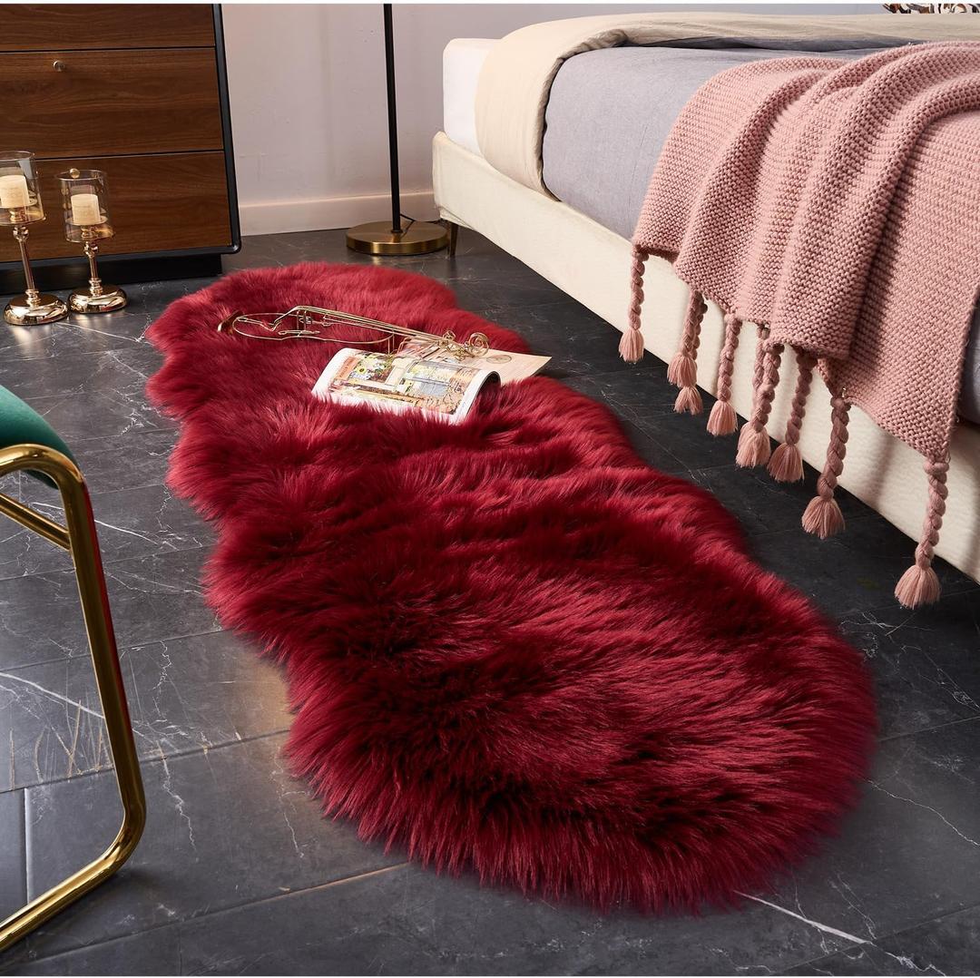 EasyJoy Ultra Soft Fluffy Shaggy Area Rug Faux Fur Rug Chair Cover Seat Pad Fuzzy Area Rug for Bedroom Floor Sofa Living Room (2 x 6 ft Sheepskin, Burgundy)