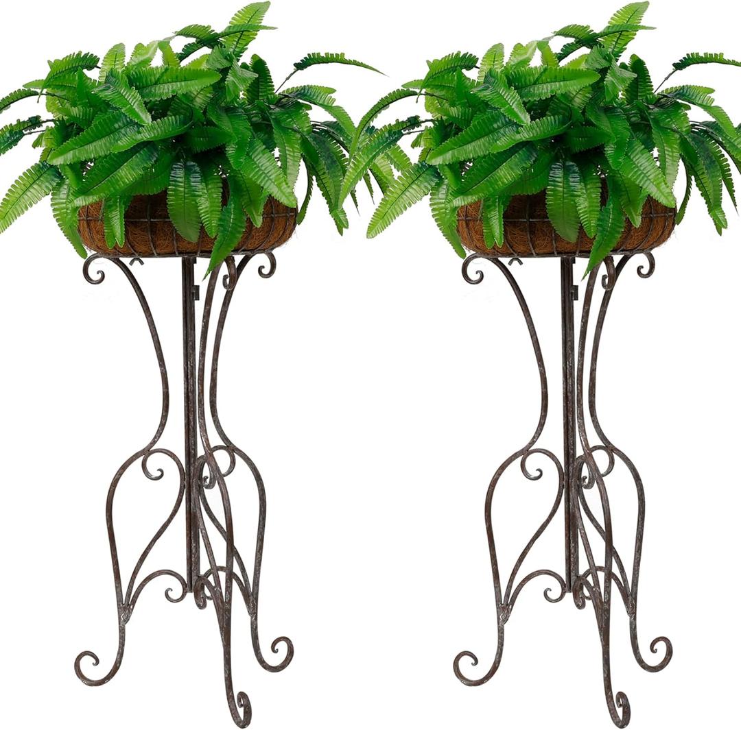 Solution4Patio 2 Pack Retro Metal Plant Stand Basket with Coconut Liner, Foldable 30" Height Tall Stand Plant Holder Shelf, Outdoor Elegant Corner Decorative Display Flower Rack, #K350A01