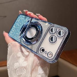 LXK Magnetic Stand for iPhone 17 Pro Case, [Compatible with Magsafe][Built-in Camera Lens Protector] Glitter Bling Card & Soft TPU Diamonds Bumper Protection Cover for Women Girls 6.3" Blue