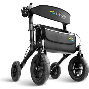 Helavo All Terrain Walker Rollator with 12 Pneumatic Tires  Foldable Outdoor Walkers for Seniors with Seat, Lightweight & Adjustable Height, Shock-Absorbing for Comfort on Any Surface (Black)