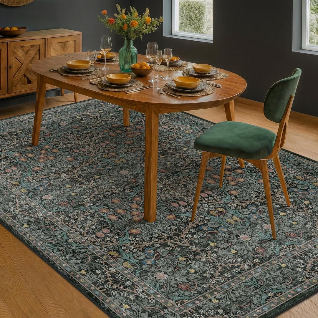 Dining Room Rugs for Under Table - 6x9 Washable Dark Green Oriental Area Rug for Living Room, Low Pile Non-Slip Floor Carpet for Bedroom - Vintage Design & Stain Resistance (6x9 Dark Green)