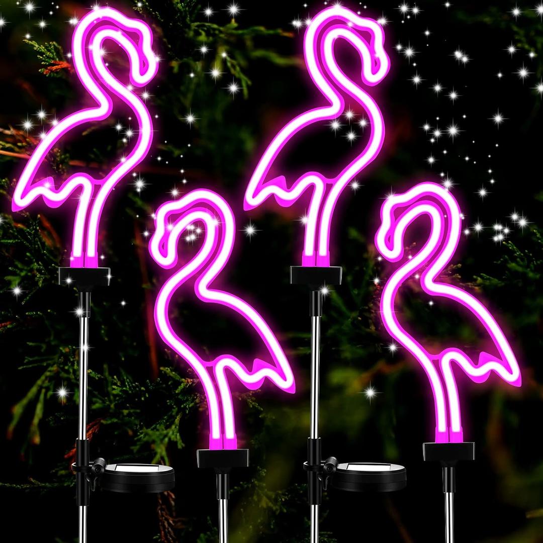 Flamingo Solar Lights Outdoor Neon Light Yard Pink Flamingo Waterproof Decorations for Garden Patio Yard Pathway Decoration (Pack of 4)