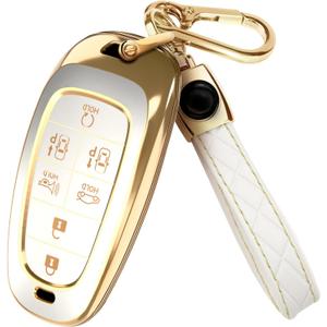 Lucrum Compatible with Hyundai Key Fob Cover & Leather Keychain, Keyfob Case for Santa Fe, Sonata, Tucson, Grandeur, Ioniq 5, Palisade, Nexo - For 7 Button Remote (2019-2025) - White and Gold
