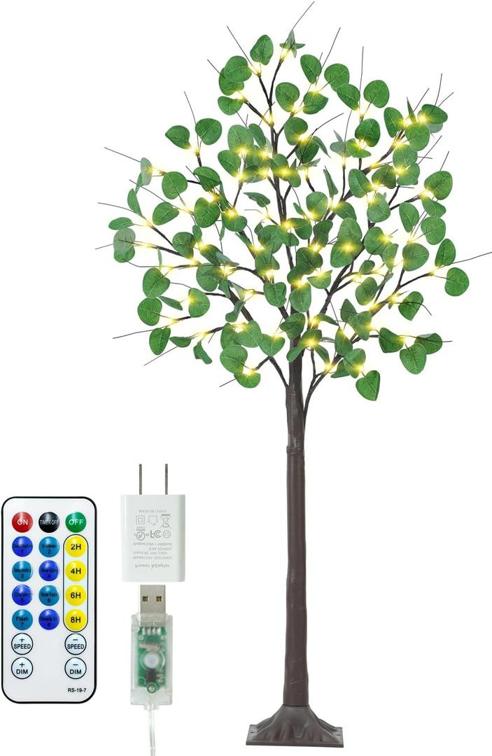 Lighted Eucalyptus Tree - 4FT 60 LED Light Up Eucalyptus Tree with 6 Branches, 120 Leaves, Remote 8 Flashing Modes, Timing, DC 5V Safe, Faux Artificial Lighted Trees for Decoration Inside and Outdoor