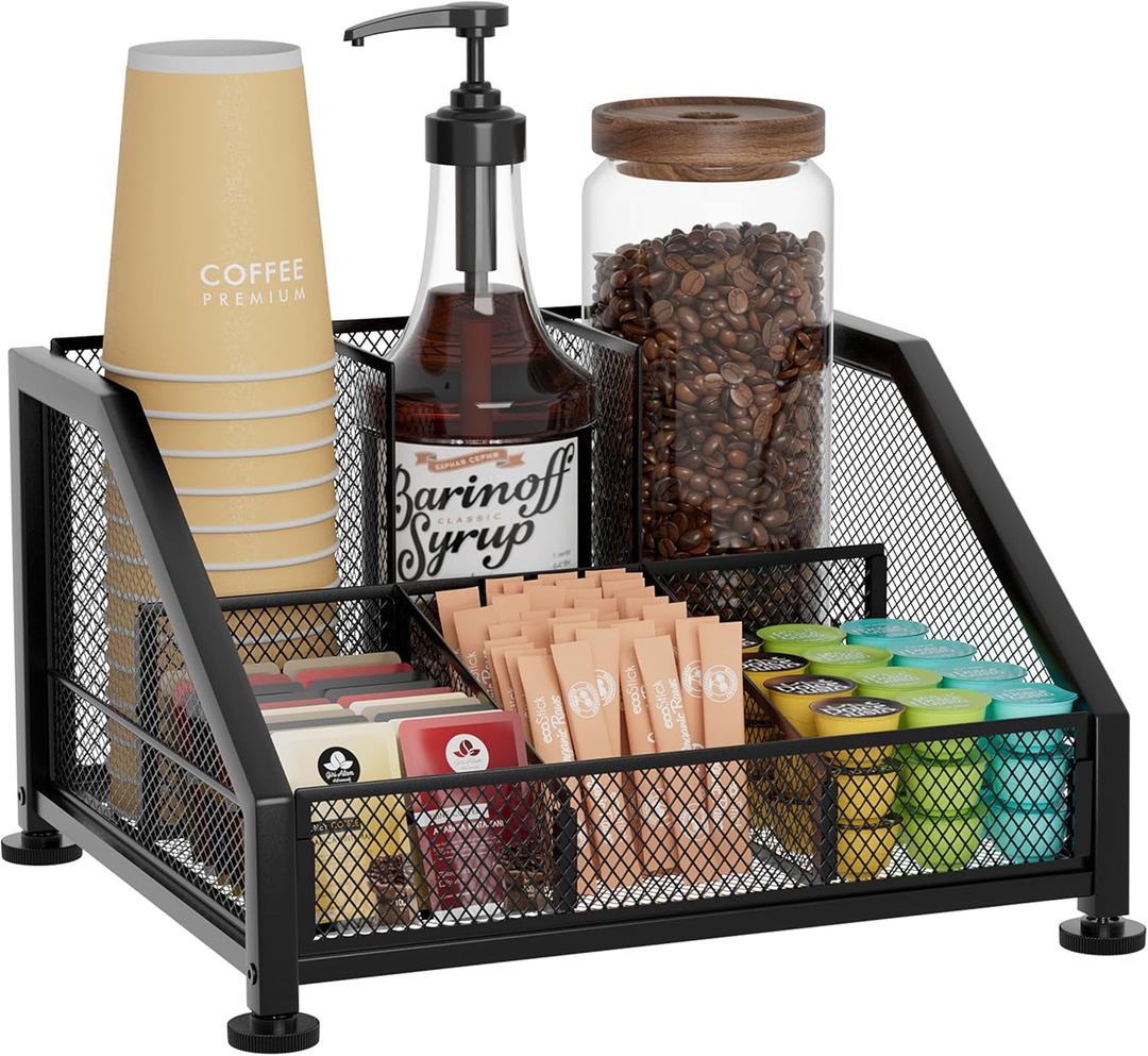 SWTYMIKI Coffee Bar Organizer for Countertop  Space-Saving Kcup Organizer with Tiered Shelves, Countertop Coffee Station for Pods, Sugar, Syrup, Cups, Stirrers, Mesh Condiment Storage