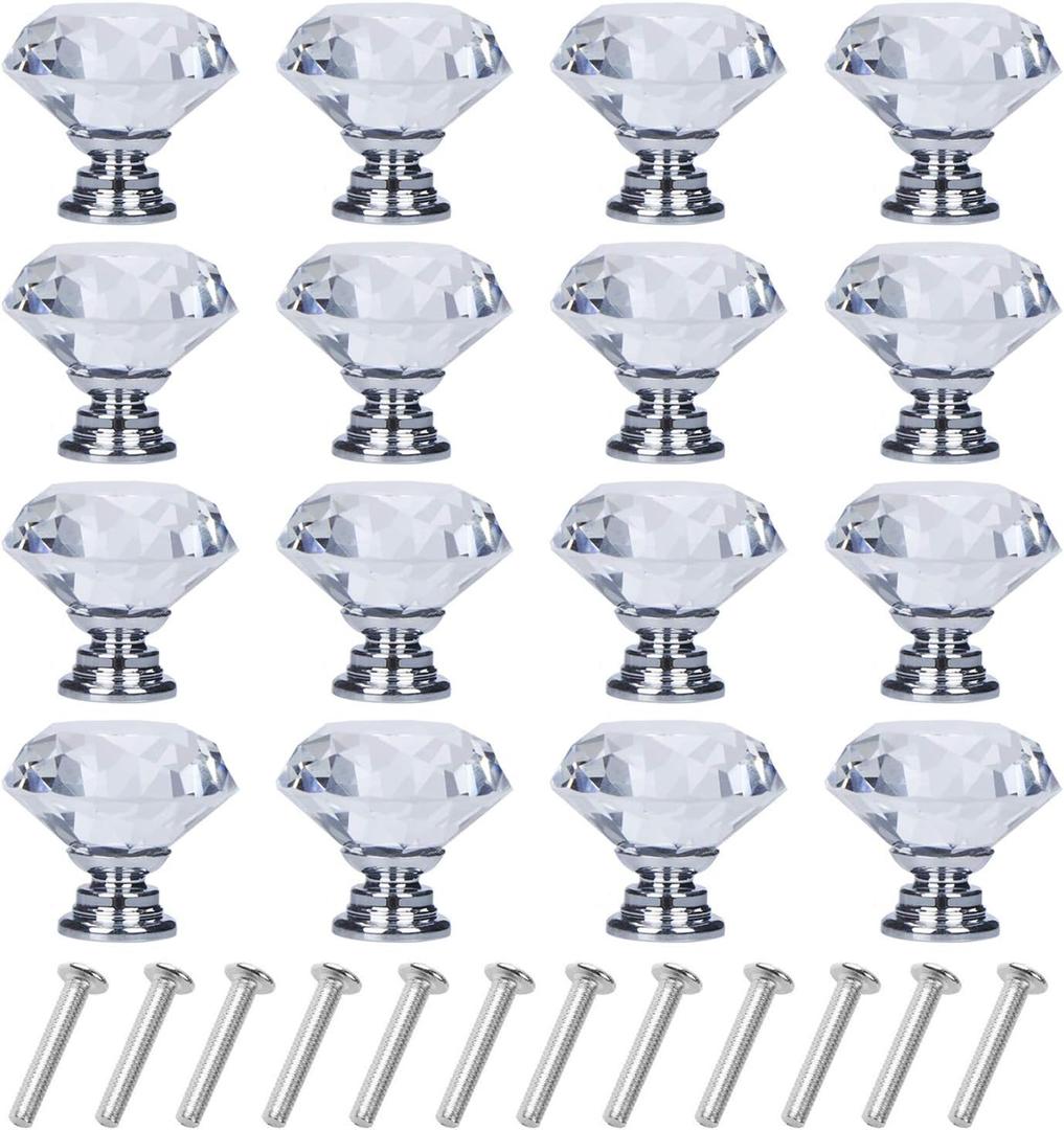 16 Pack Drawer Knobs Diamond Shaped Crystal Glass 30mm Cabinet Knobs Pull Handles (Silver)