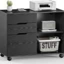 DUMOS File Cabinet with 3 Drawers, Wood Under Desk Storage Printer Stand | Rolling Lateral Filing Cabinet with Adjustable Shelves for Home Office Study Organization,Black