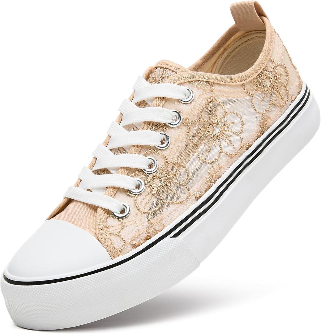 ZGR Summer Tennis Shoes for Women, Womens Casual Breathable Mesh Lace Canvas Shoes, White Sneakers with Embroidery Flower(Apricot.US7.5)