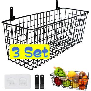 3 Set [Extra Large]Hanging Wall Wire Baskets, Farmhouse Food Storage Kitchen Pantry Laundry Closet Garage RV,Black