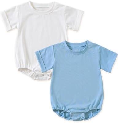 Jimonda Baby Bubble Rompers Boy Girl Solid Color T-Shirt Outfits Short Sleeve Button Bodysuit Cotton Tops Clothes 2Pcs, 9-12 M