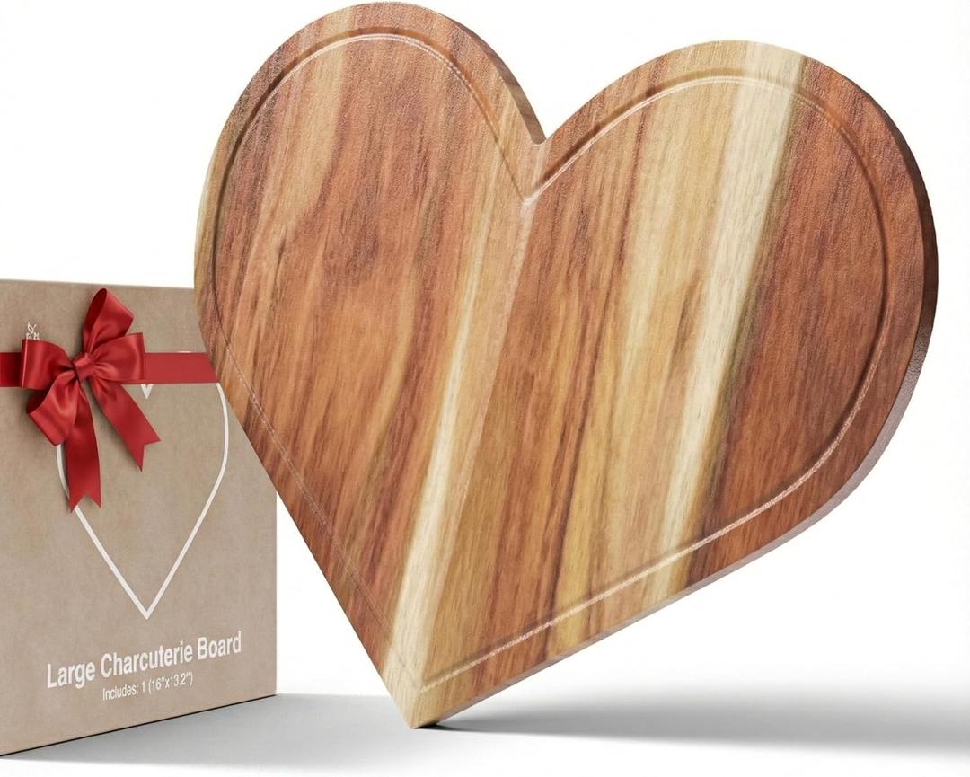 Heart Charcuterie Board 16 x 13.2 Inches  Acacia Wood Cutting Board, Heart Shaped Serving Tray, Plate & Platter, Wooden Valentines Day Gift, Love Decor Decorations Dish