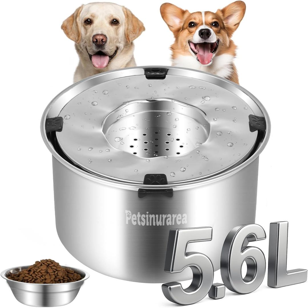 Set Of 2 Dog Water Bowl Stainless Steel 5.6 L/190 Oz No Spill Water Bowls 1.5 Gal Large Capacity No Splash Slobber Stopper Slow Drinking Spill Proof Bowls for Messy Drinkers, Including Pet Food Bowl
