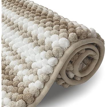 Color&Geometry Beige Chenille Bathroom Rugs- Non Slip, Absorbent, Quick Dry, Thin, Washable- 16"x24" Small Bathmat Bath Carpet for Washroom Floor, Shower, Sink, Vanity (1'4" x 2' (Rectangular), Beige)